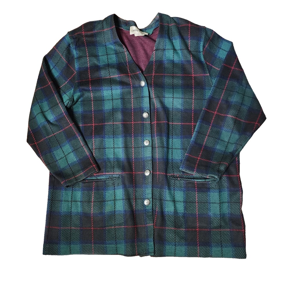 Vintage Plaid Blazer Blue Green Pockets Academia Preppy Classic Cathy Daniels L‎